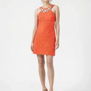Laundry Orange Beaded Collar Floral Jacquard Cotton Shift Mini Dress XS 0